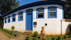 Casa Oswaldo Cruz, com paredes e janelas brancas, porta e molduras azuis.