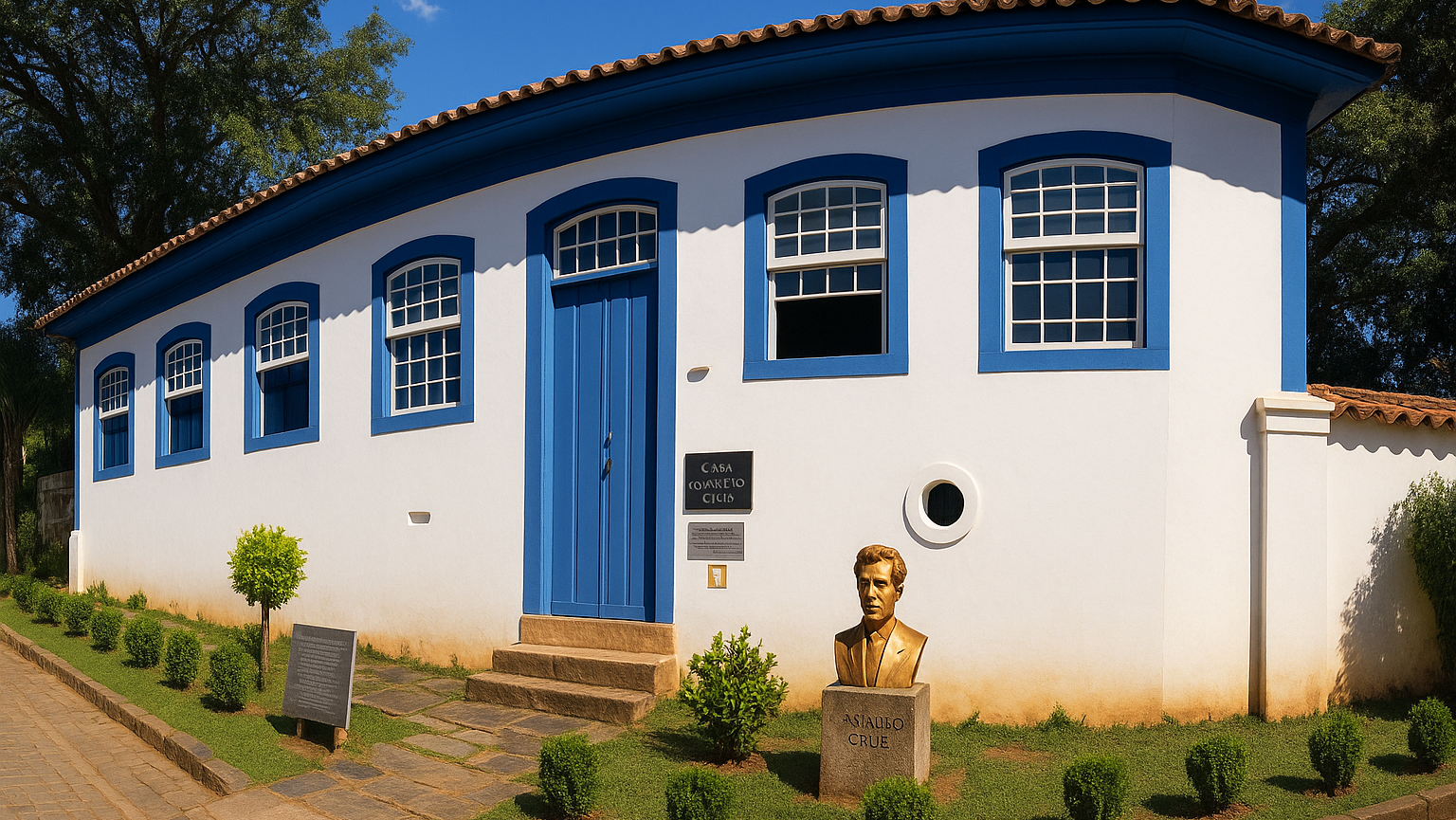 Casa Oswaldo Cruz, com paredes e janelas brancas, porta e molduras azuis.